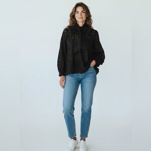 Women’s Black Eyelet Bow Neck Blouse Jacket